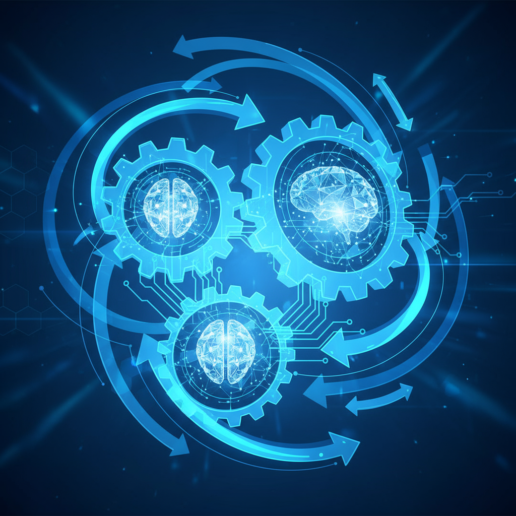 Representação visual de automação inteligente com engrenagens digitais e elementos de IA